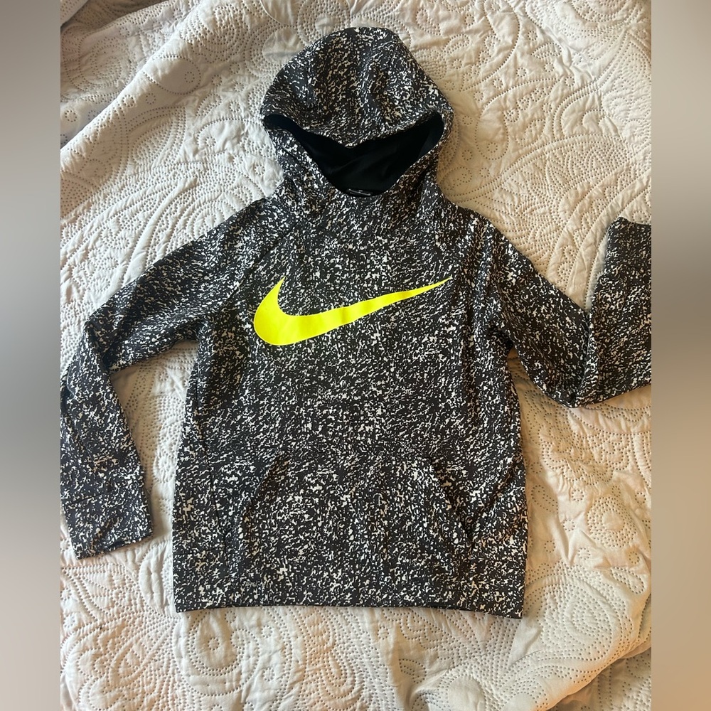 Nike Dri-fit M pullover/composition book print. Neon swoosh/SWOOSH word on back